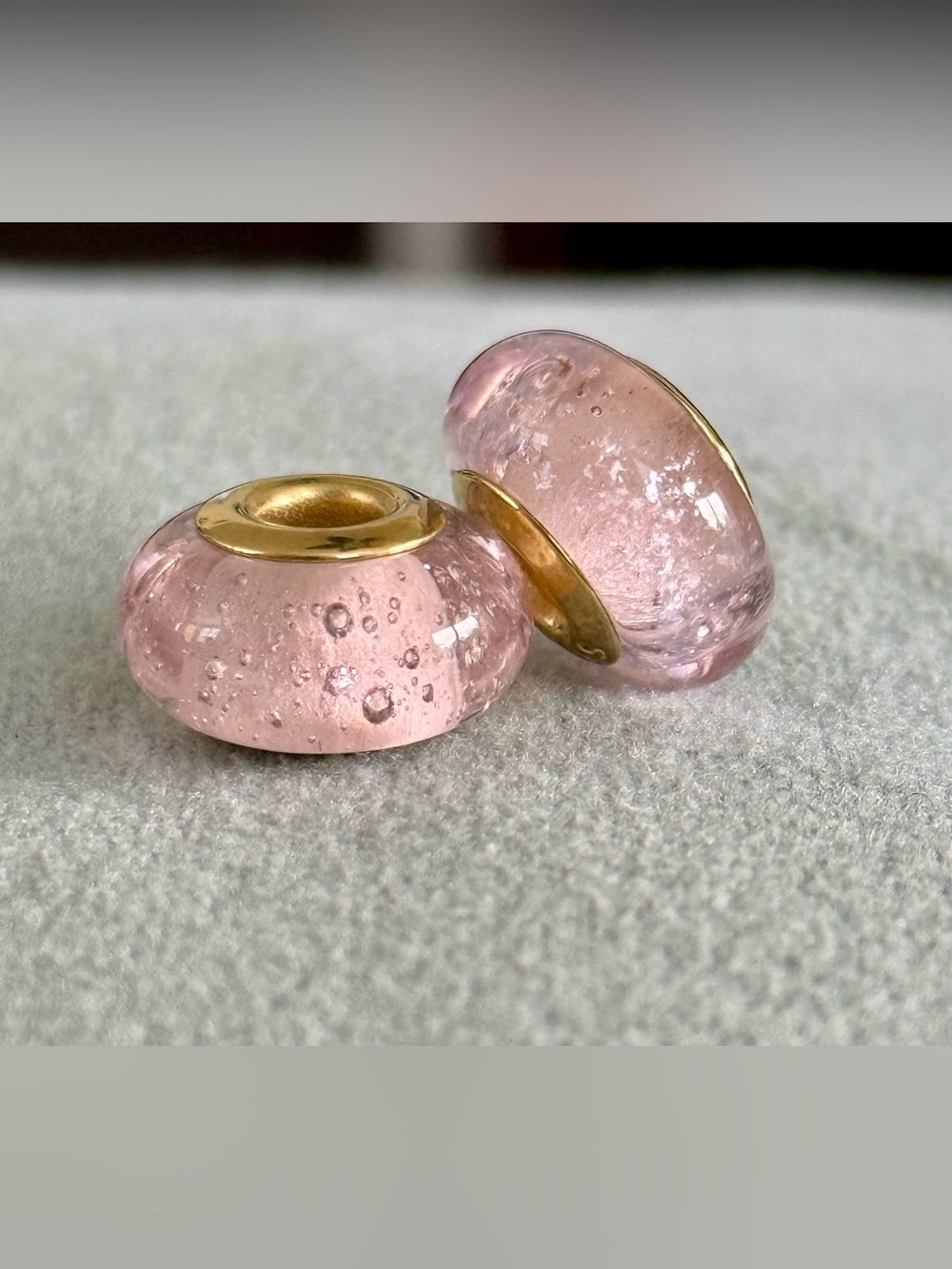 Pink Murano charms set with gold core fit Pandora bracelets